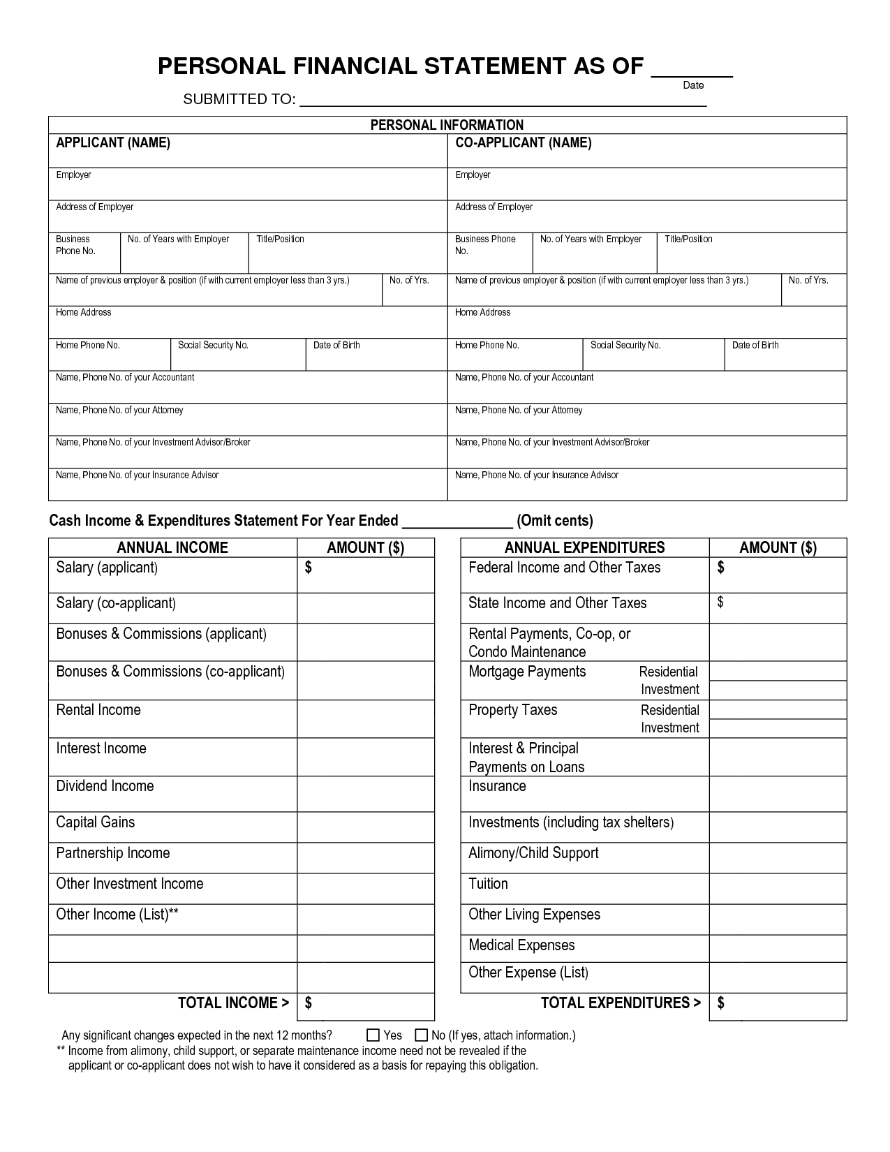 Free Printable Personal Financial Statement | Blank Personal With Regard To Blank Personal Financial Statement Template