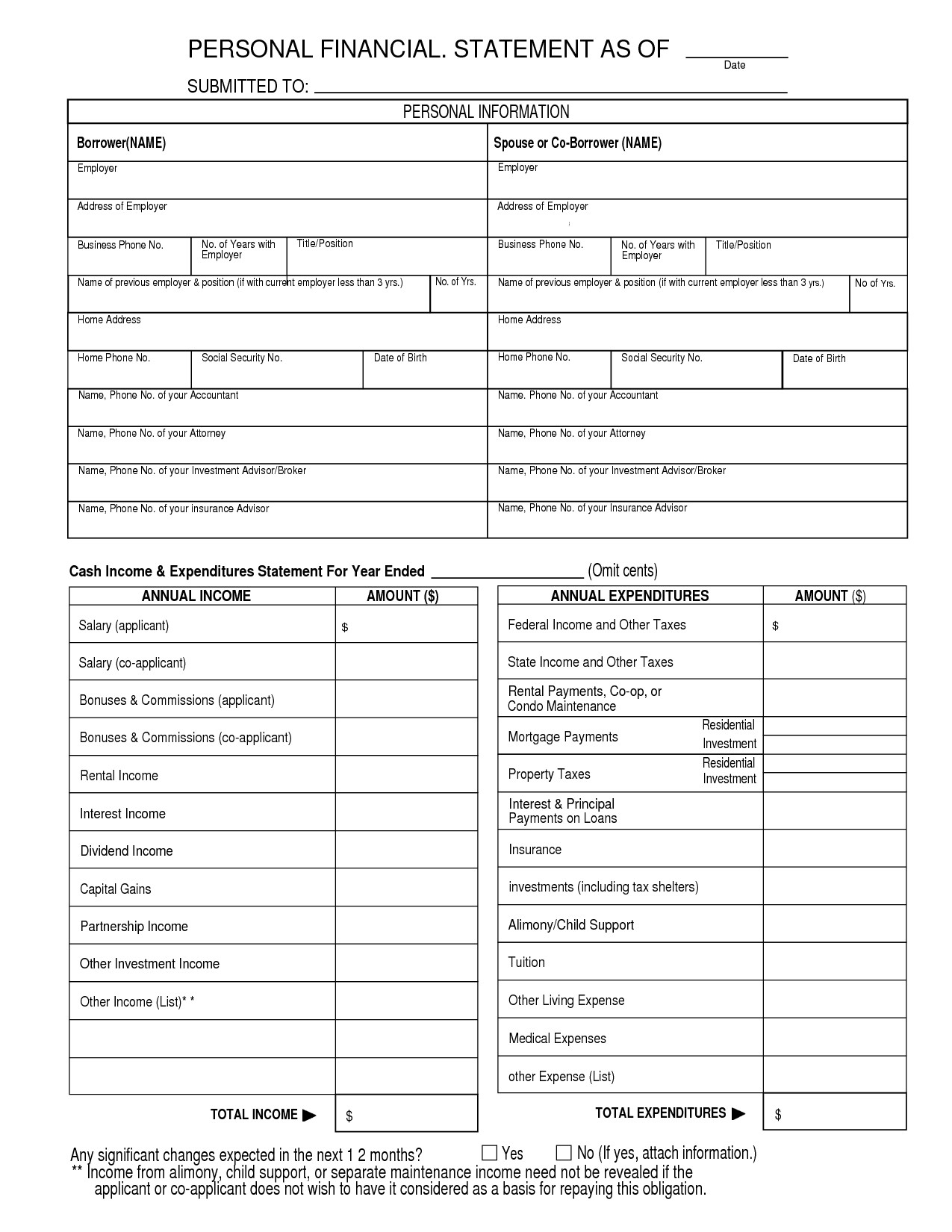 Free Printable Personal Financial Statement Template For 010 Throughout Blank Personal Financial Statement Template