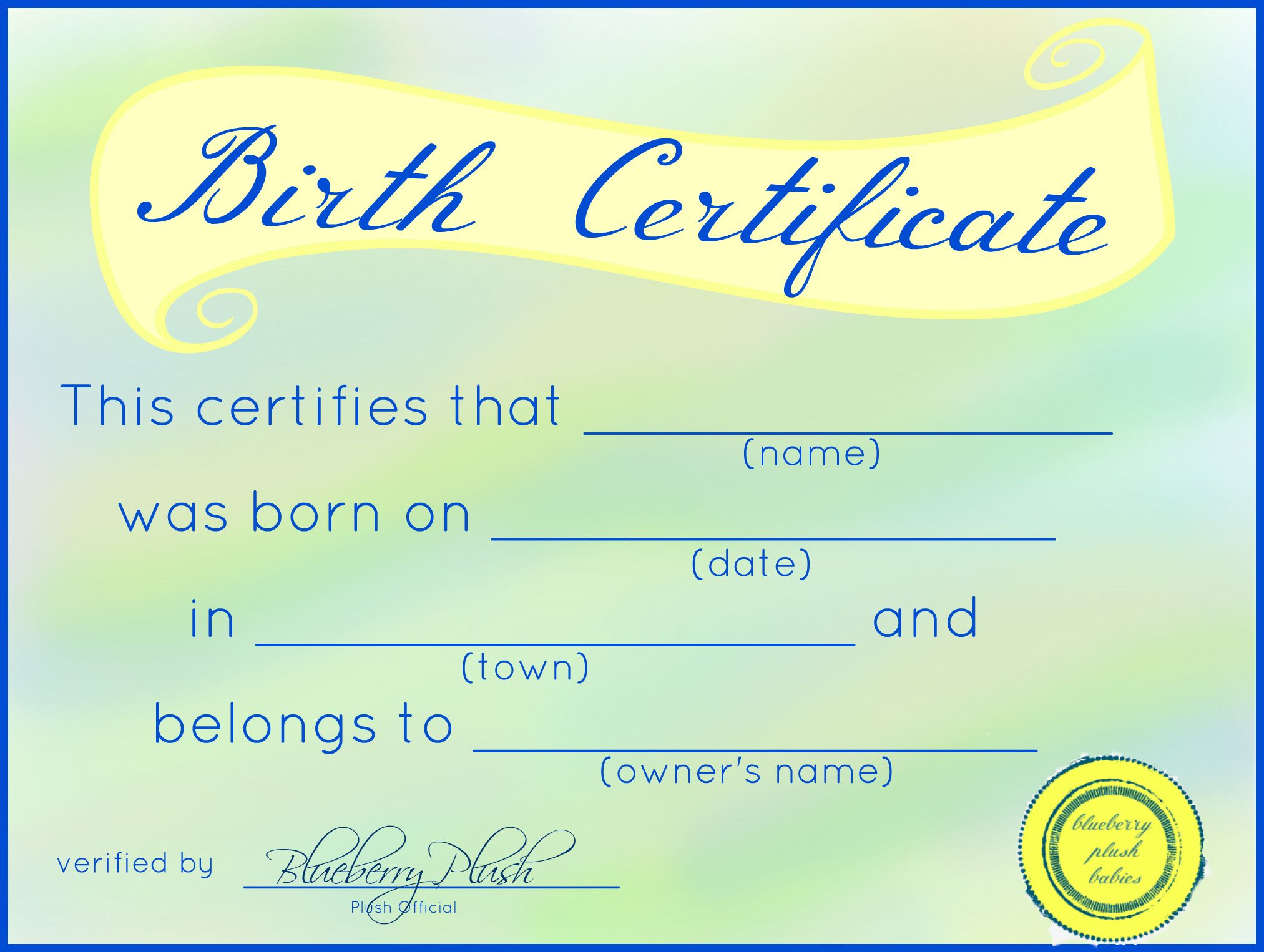 Free Printable Stuffed Animal Birth Certificates – Blueberry Inside Girl Birth Certificate Template