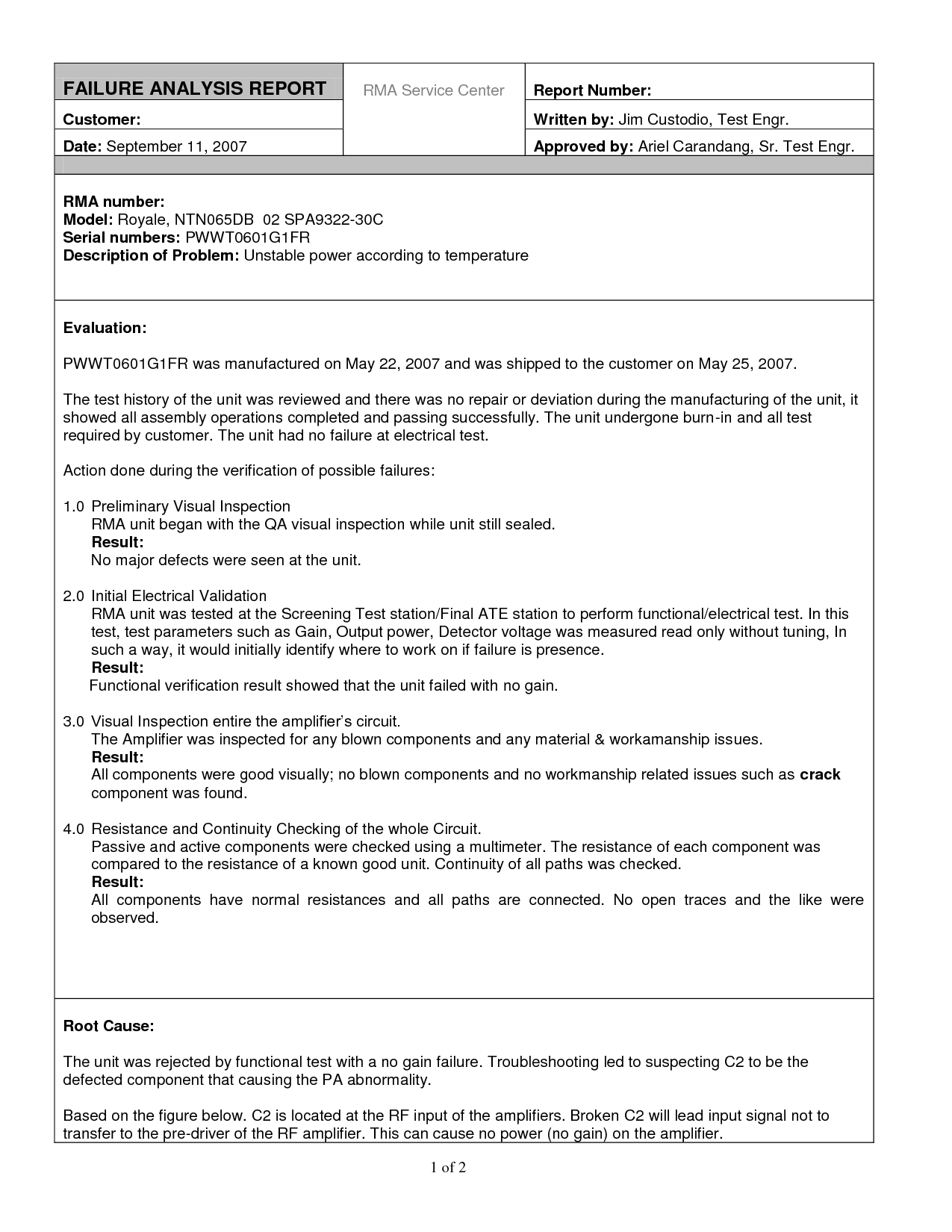 Free Product Failure Analysis Report Example With Evaluation Within Analytical Report Template