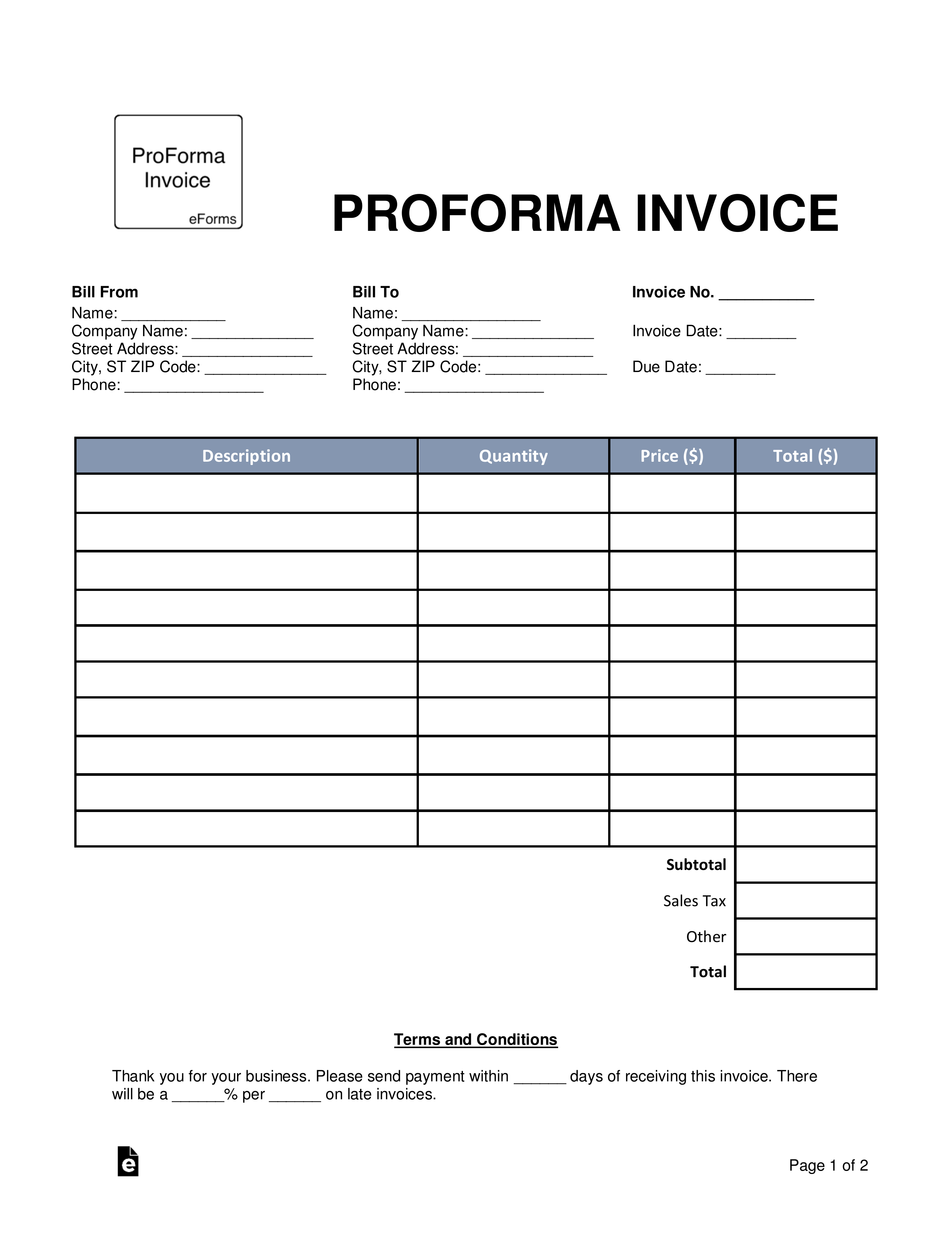 Free Proforma Invoice Template - Word | Pdf | Eforms – Free Inside Free Proforma Invoice Template Word