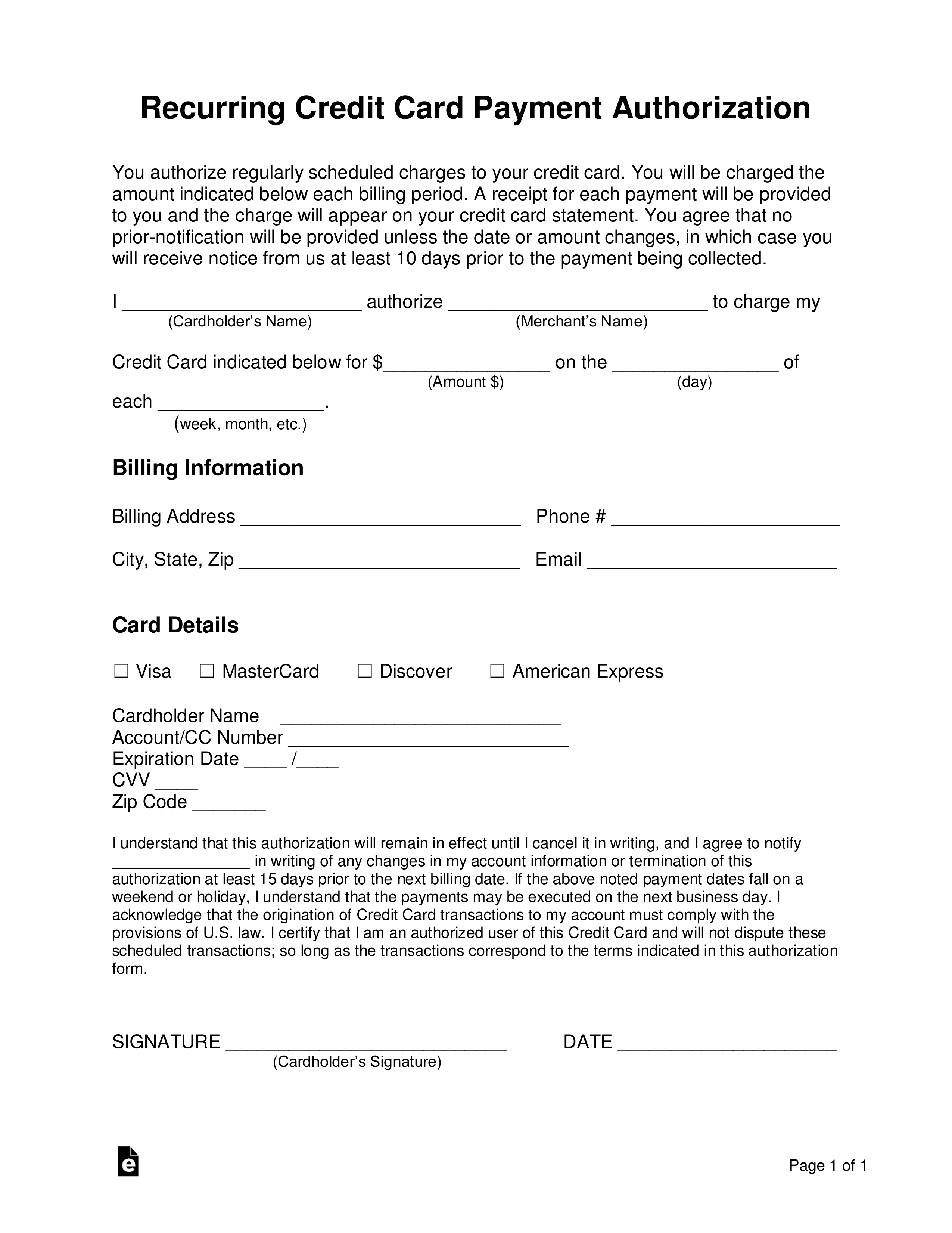 Free Recurring Credit Card Authorization Form – Word | Pdf In Credit Card Billing Authorization Form Template