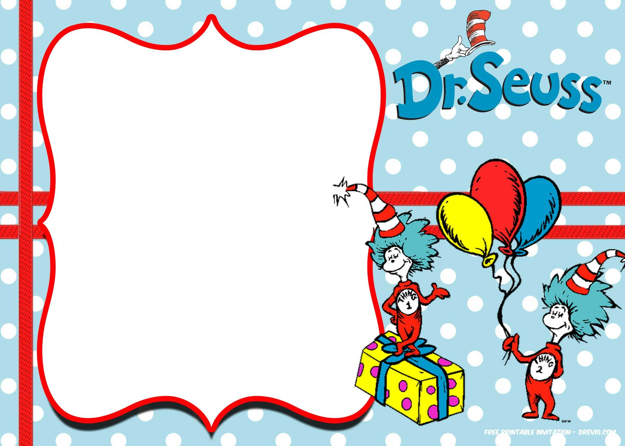 Free Thing 1 And Thing 2 Dr. Seuss Invitation Templates Pertaining To Dr Seuss Birthday Card Template