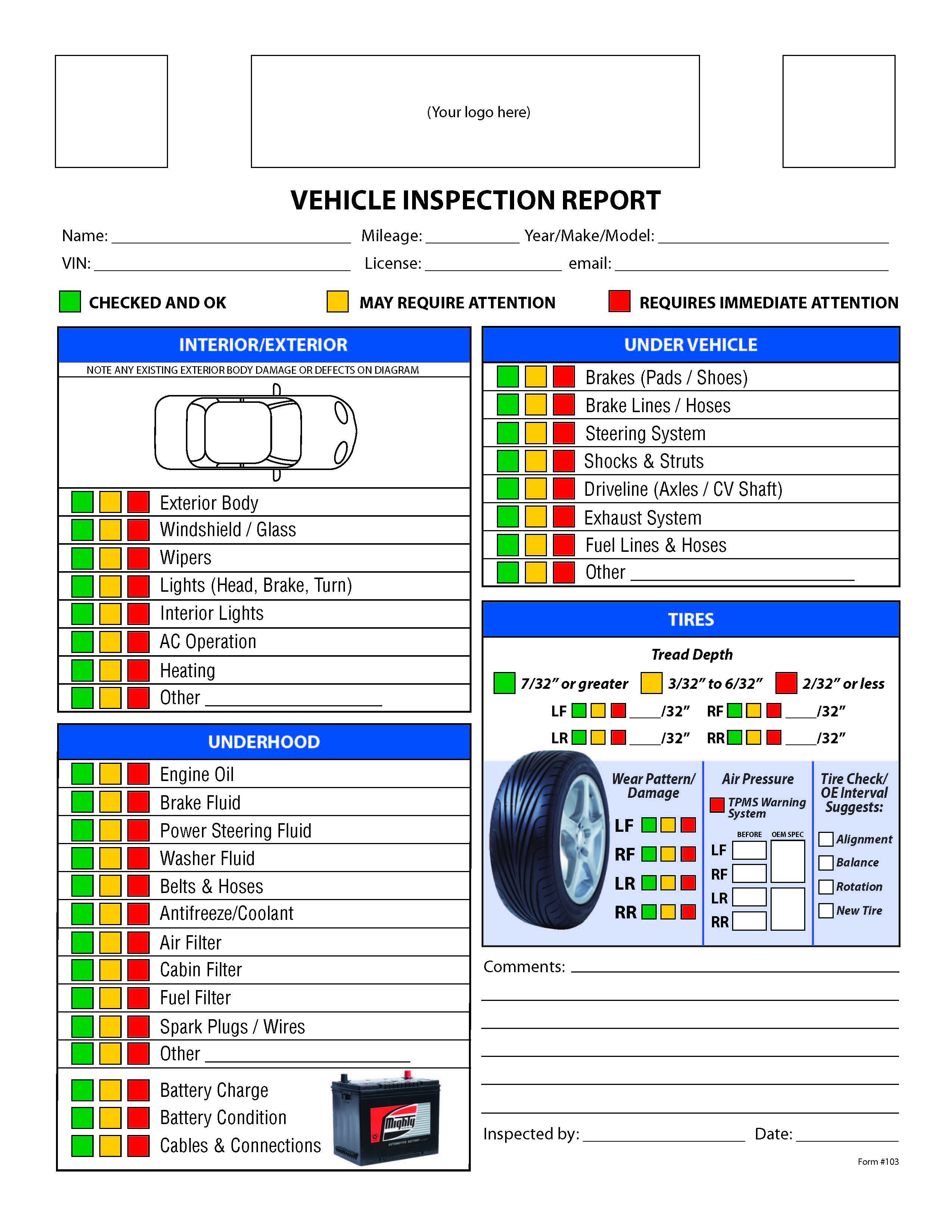 Free Vehicle Inspection Checklist Form | Good To Know Inside Vehicle Inspection Report Template