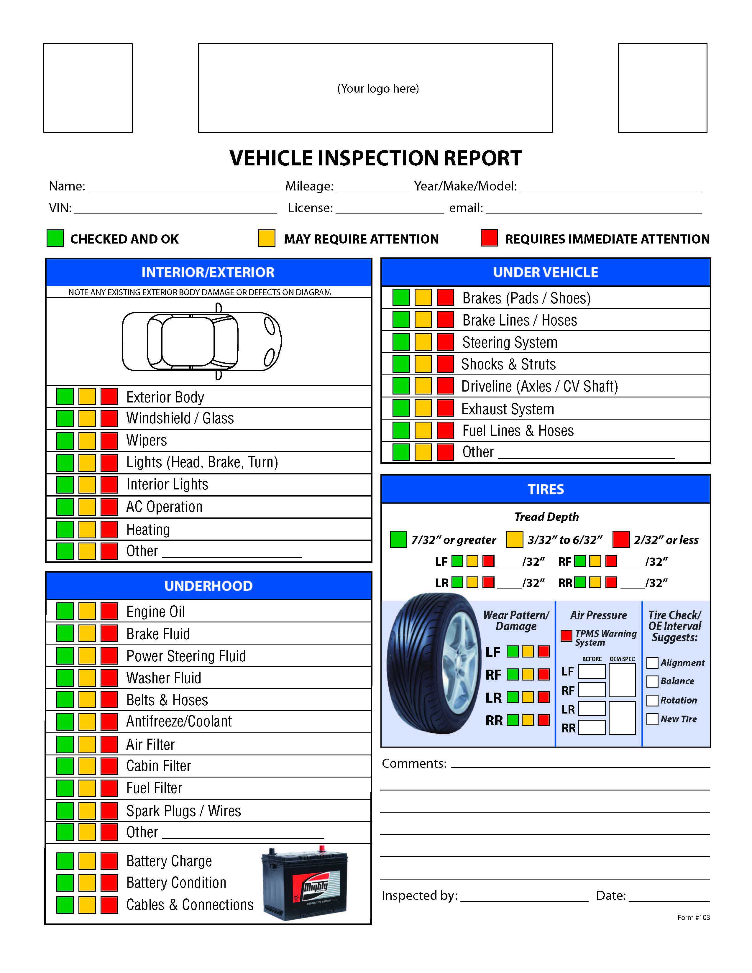 Free Vehicle Inspection Checklist Form | Good To Know Inside Vehicle Inspection Report Template