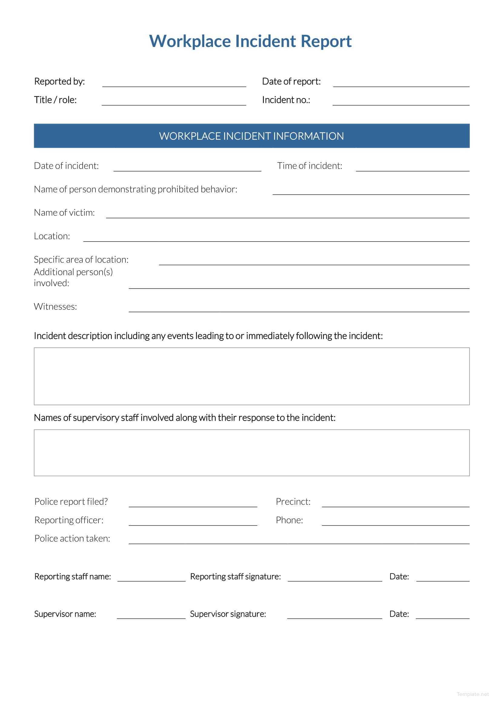 Free Workplace Incident Report | Data Form | Incident Report Inside Office Incident Report Template