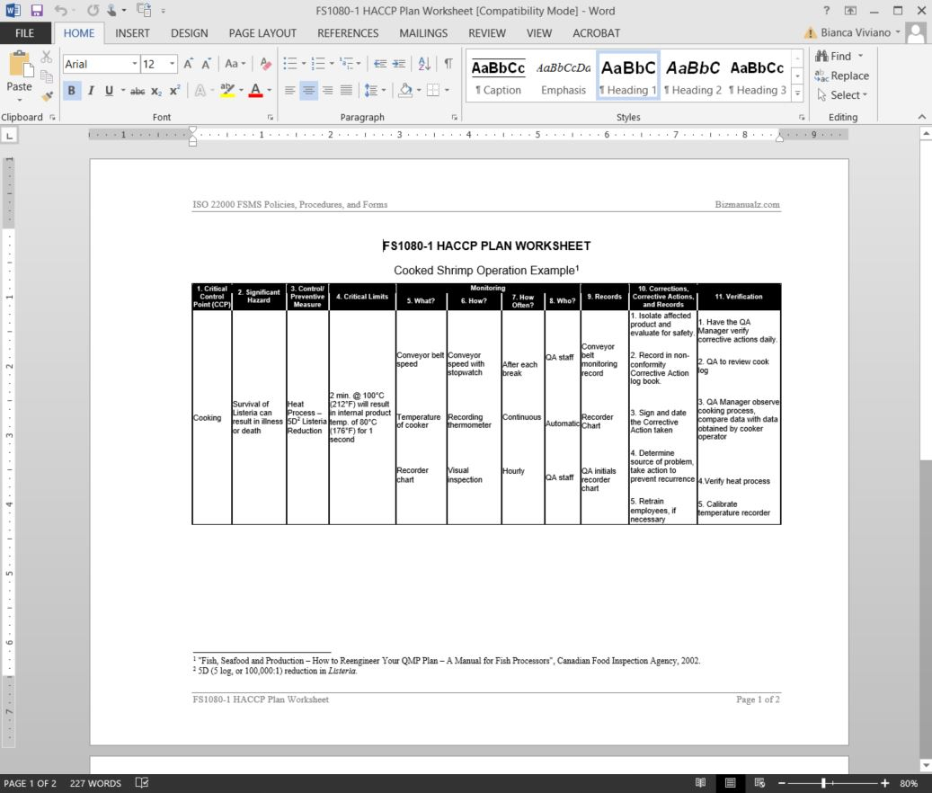 Fsms Haccp Plan Worksheet Template | Fds1080 1 Throughout Safety Analysis Report Template