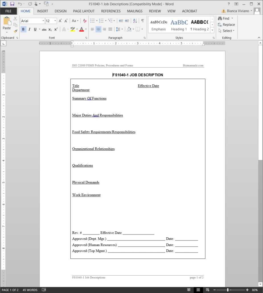 Fsms Job Description Template | Fds1040 1 With Job Descriptions Template Word