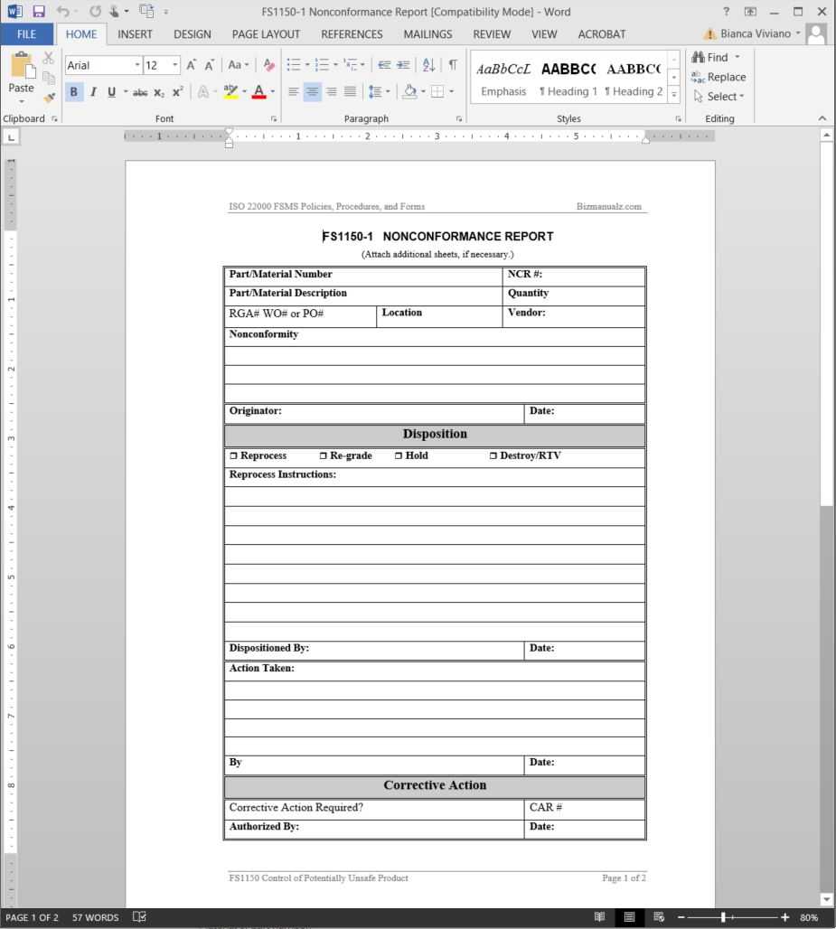 Fsms Nonconformance Report Template | Fds1150 1 Intended For Non Conformance Report Form Template