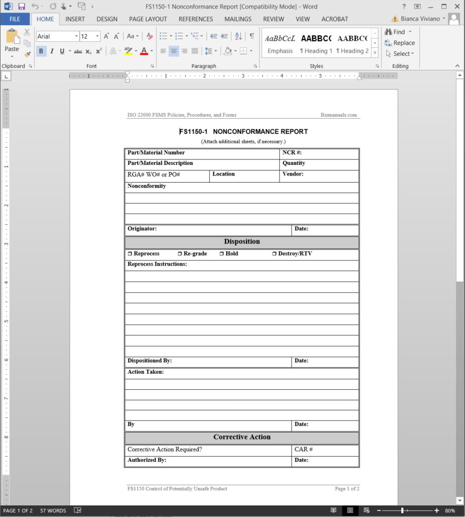 Fsms Nonconformance Report Template | Fds1150 1 Pertaining To Non Conformance Report Template