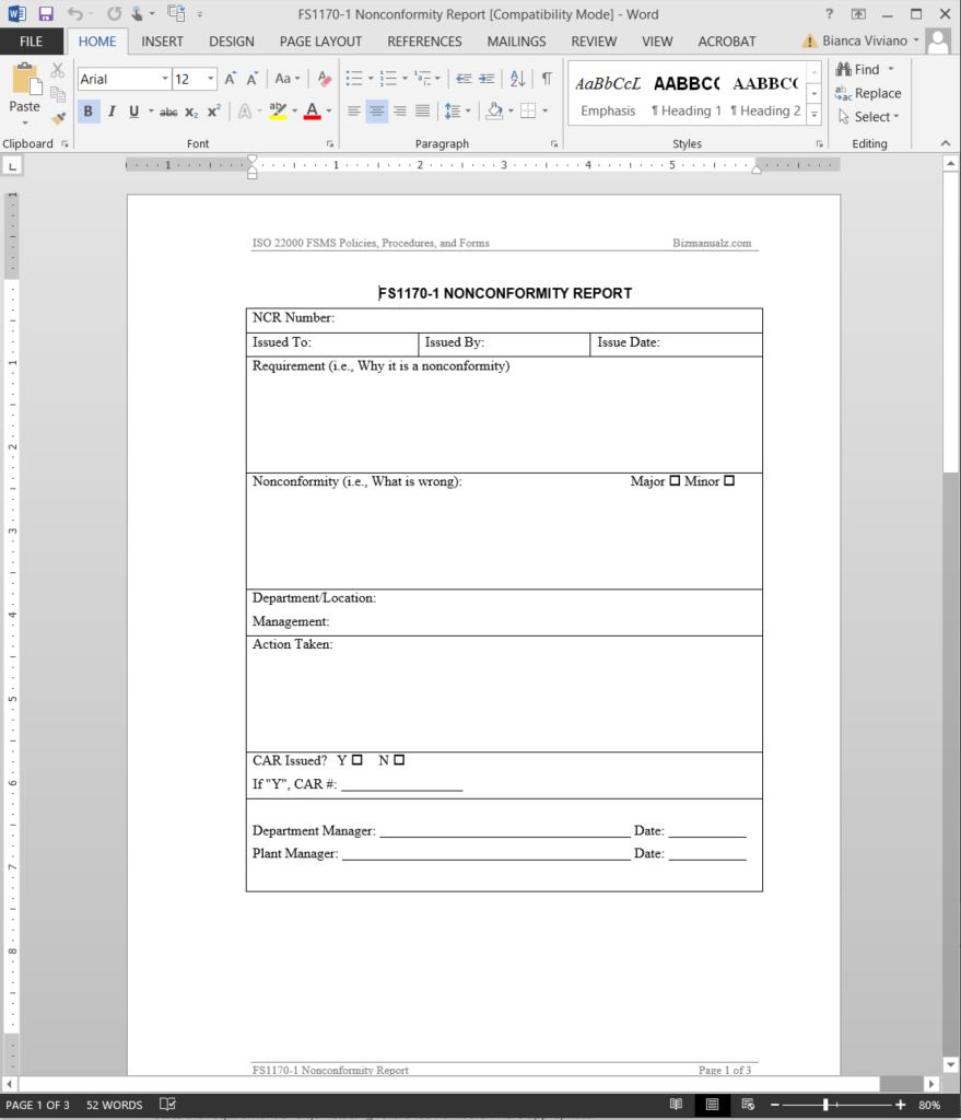Fsms Nonconformity Report Template | Fds1170 1 Inside Ncr Report Template