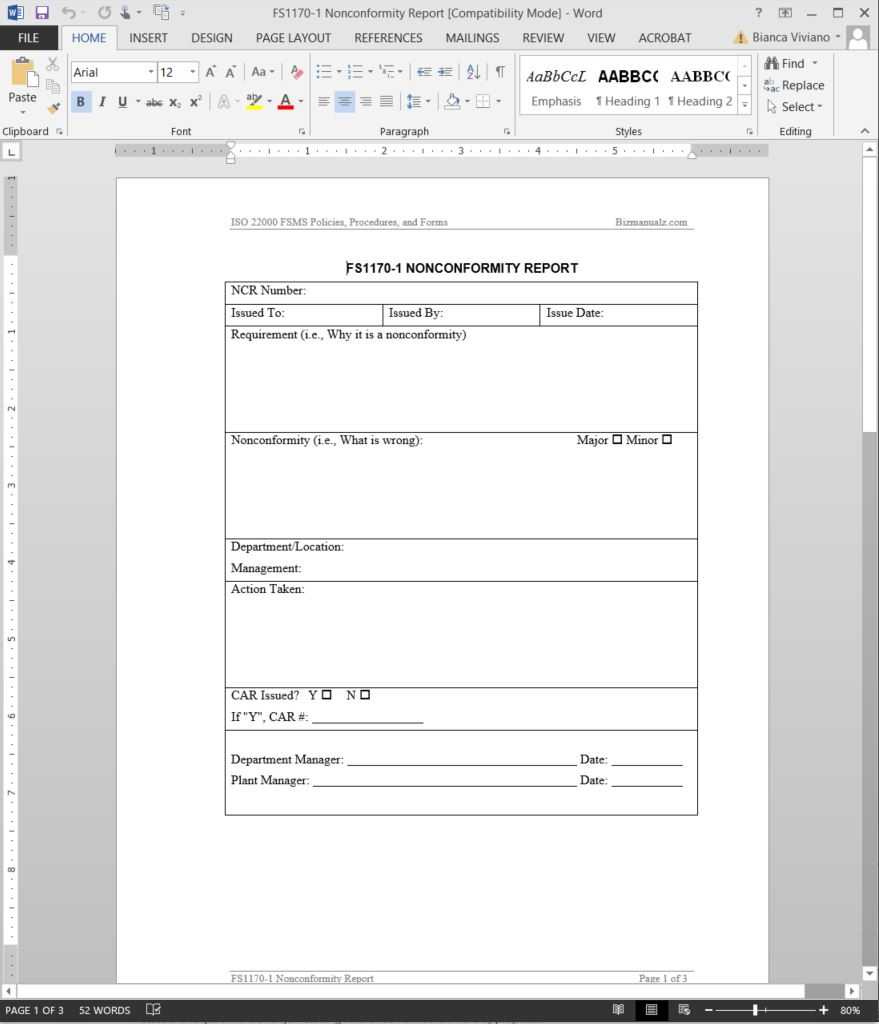 Fsms Nonconformity Report Template | Fds1170 1 Intended For Non Conformance Report Template