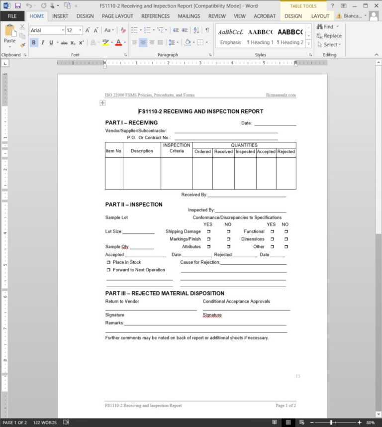 Part Inspection Report Template