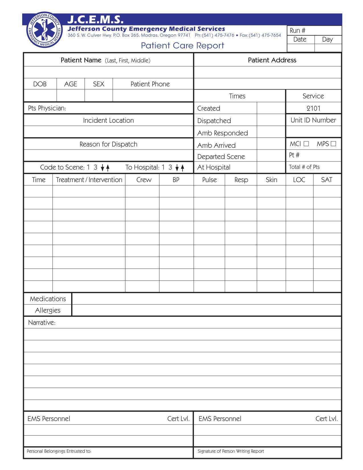 Full Page Pcr Formal Form – 100 Pak Inside Patient Care Report Template