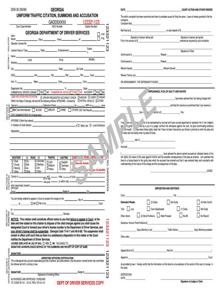 Georgia Uniform Traffic Citation – Fill Online, Printable In Blank Speeding Ticket Template