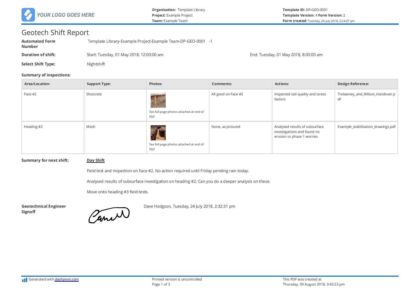 Geotech Shift Report Template: Use This Geotech Shift Report Pertaining To Shift Report Template