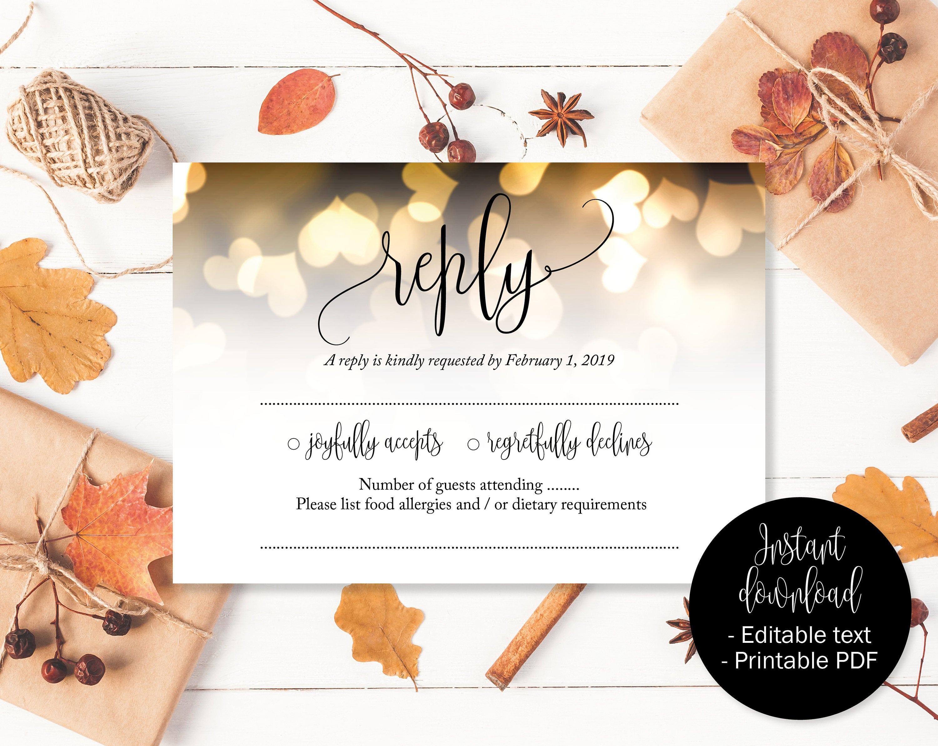 Gold Wedding Rsvp Cards, Gold Hearts Wedding, Reply Acceptance, Attendance  Cards, Rsvp Template, Wedding Printable, Download Rsvp Insert Intended For Acceptance Card Template