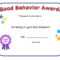 Good Behavior Award Certificate | Classroom | Preschool With Hayes Certificate Templates