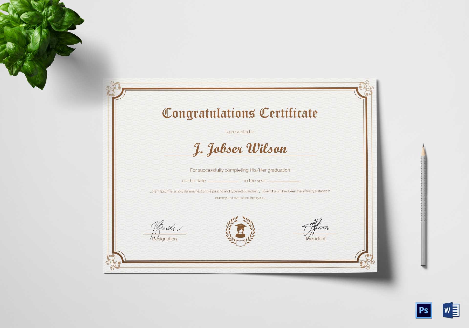 Graduation Completion Congratulations Certificate Template Throughout Commemorative Certificate Template