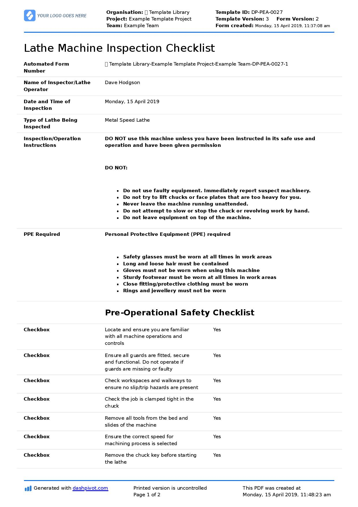 Great Machine Shop Inspection Report Template With With Machine Shop Inspection Report Template