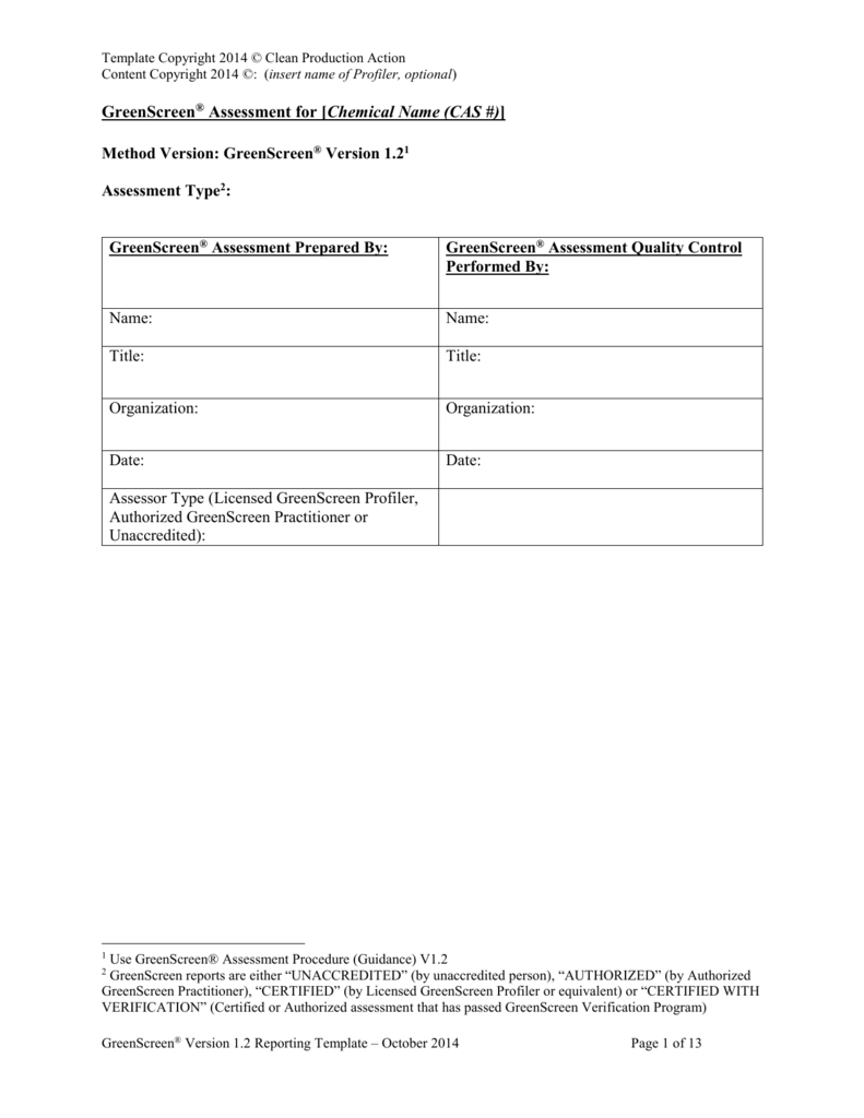 Greenscreen® Assessment Report Template Regarding Data Quality Assessment Report Template
