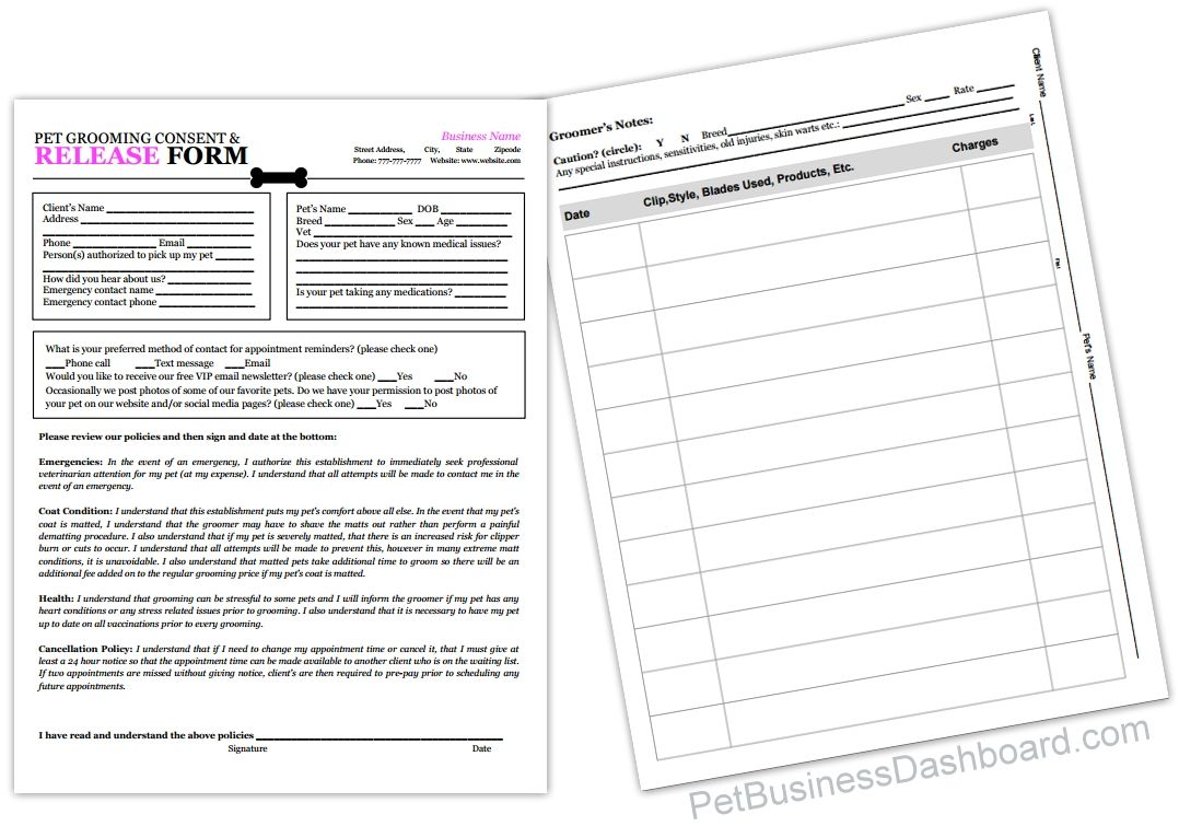 Grooming Release Form Template & Printable Pdf | Dog With Dog Grooming Record Card Template