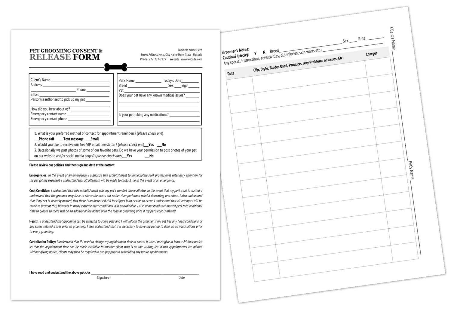 Grooming Release Form Template & Printable Pdf Intended For Dog Grooming Record Card Template