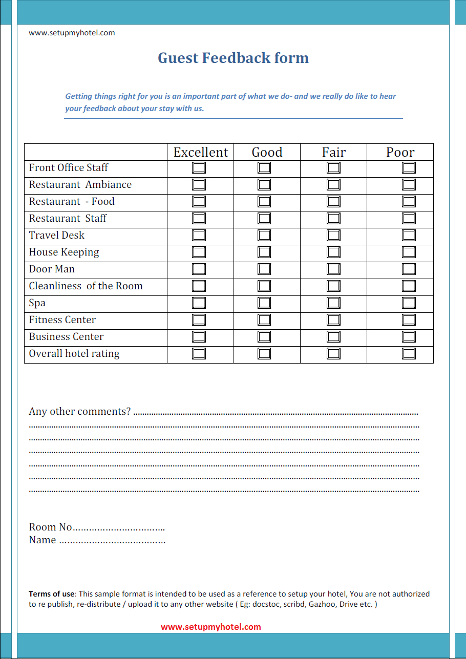 Guest Feedback Format Sample | Hotels |Resorts | Customer Regarding Student Feedback Form Template Word