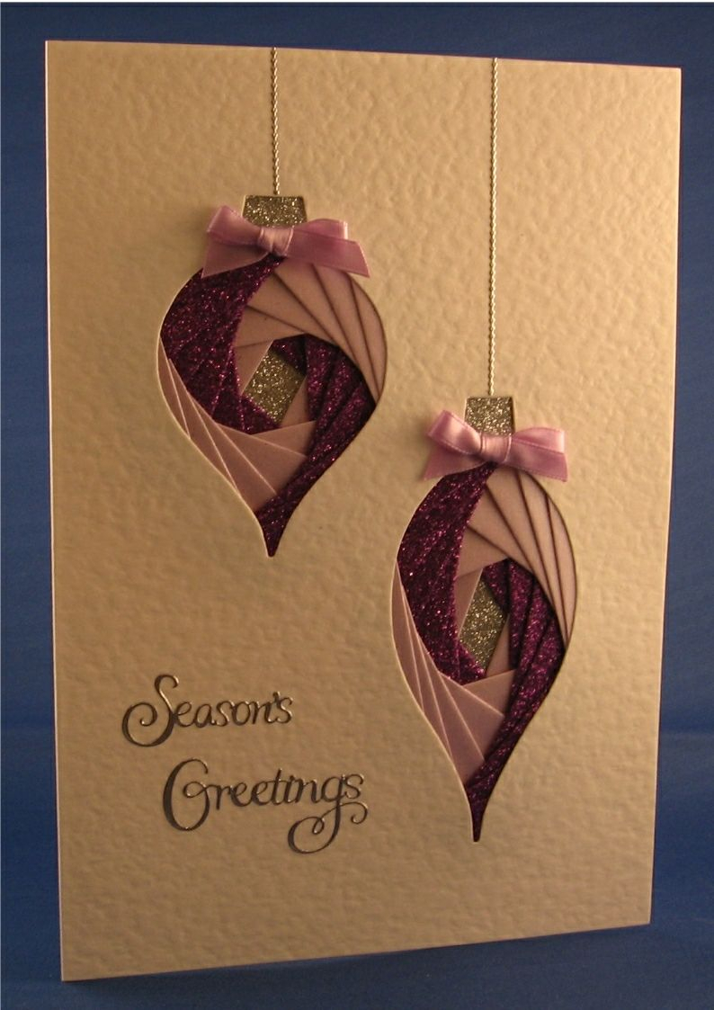 Handmade Christmas Card  Two Baubles With Pink And Purple In Iris Folding Christmas Cards Templates