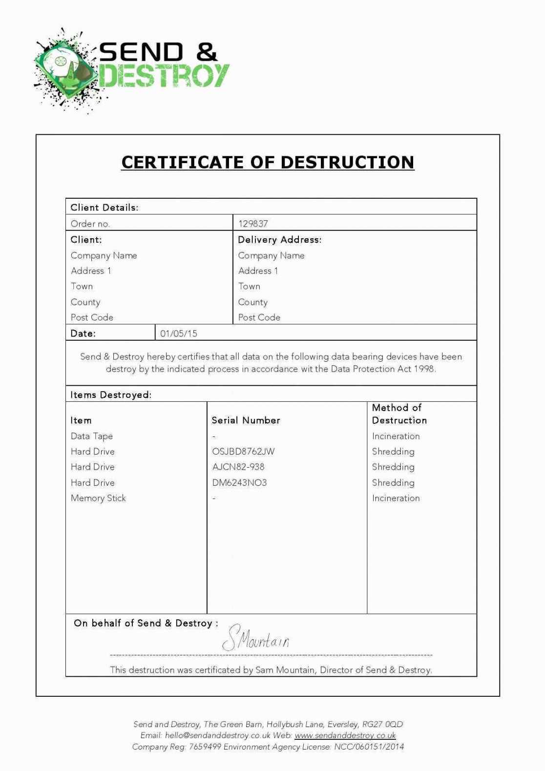 Hard Drive Destruction Certificate Template Regarding Hard Drive Destruction Certificate Template