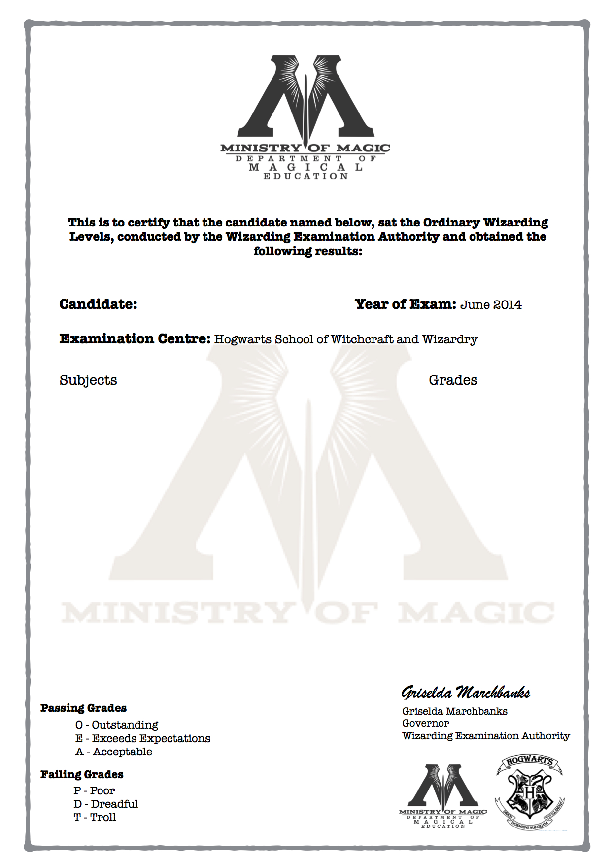 Harry Potter O.w.l's Certificate Blank Template! | Harry In Harry Potter Certificate Template