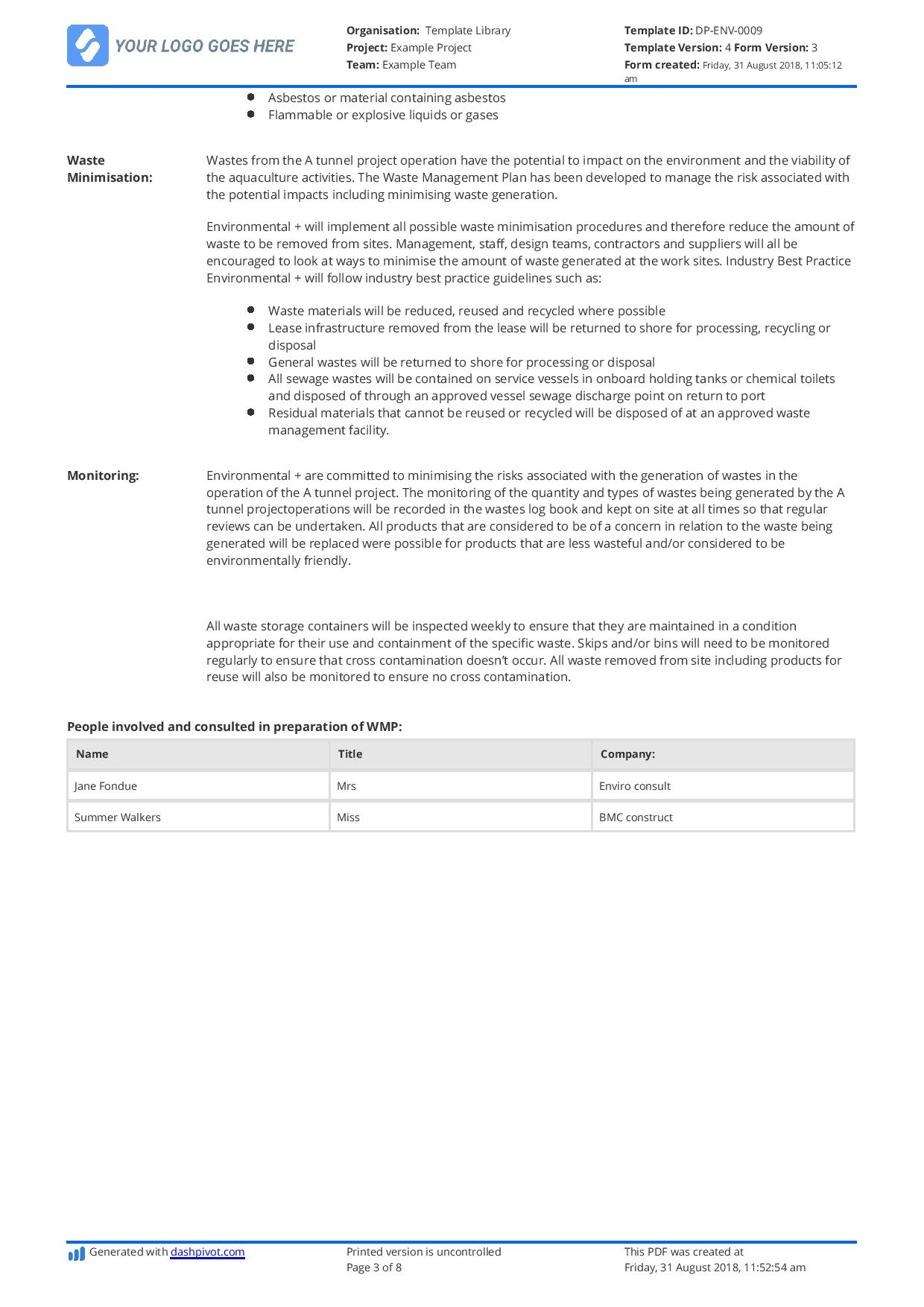 Hazardous Waste Management Plan Template – Free And Editable Pertaining To Waste Management Report Template