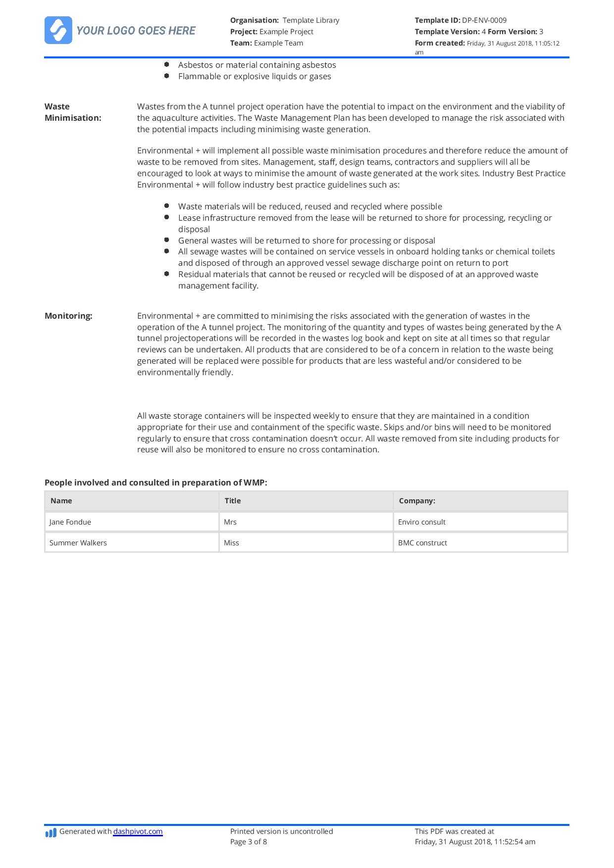 Hazardous Waste Management Plan Template – Free And Editable Pertaining To Waste Management Report Template