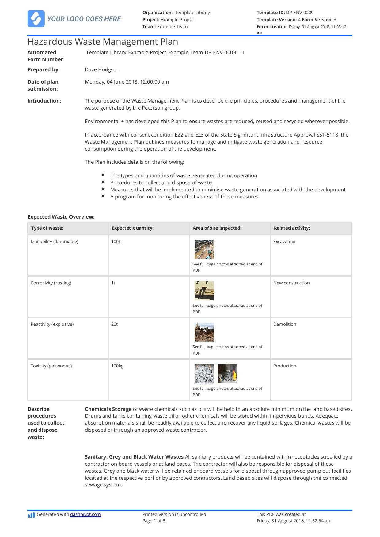 Hazardous Waste Management Plan Template – Free And Editable Regarding Waste Management Report Template