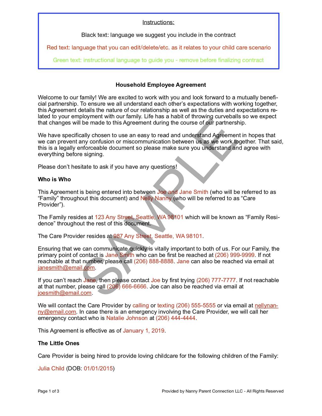 Household Employee Agreement | Nanny Parent Connection With Nanny Contract Template Word