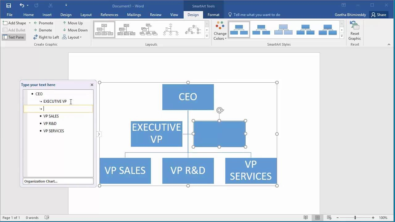 How To Create An Organization Chart In Word 2016 With Regard To Word Org Chart Template