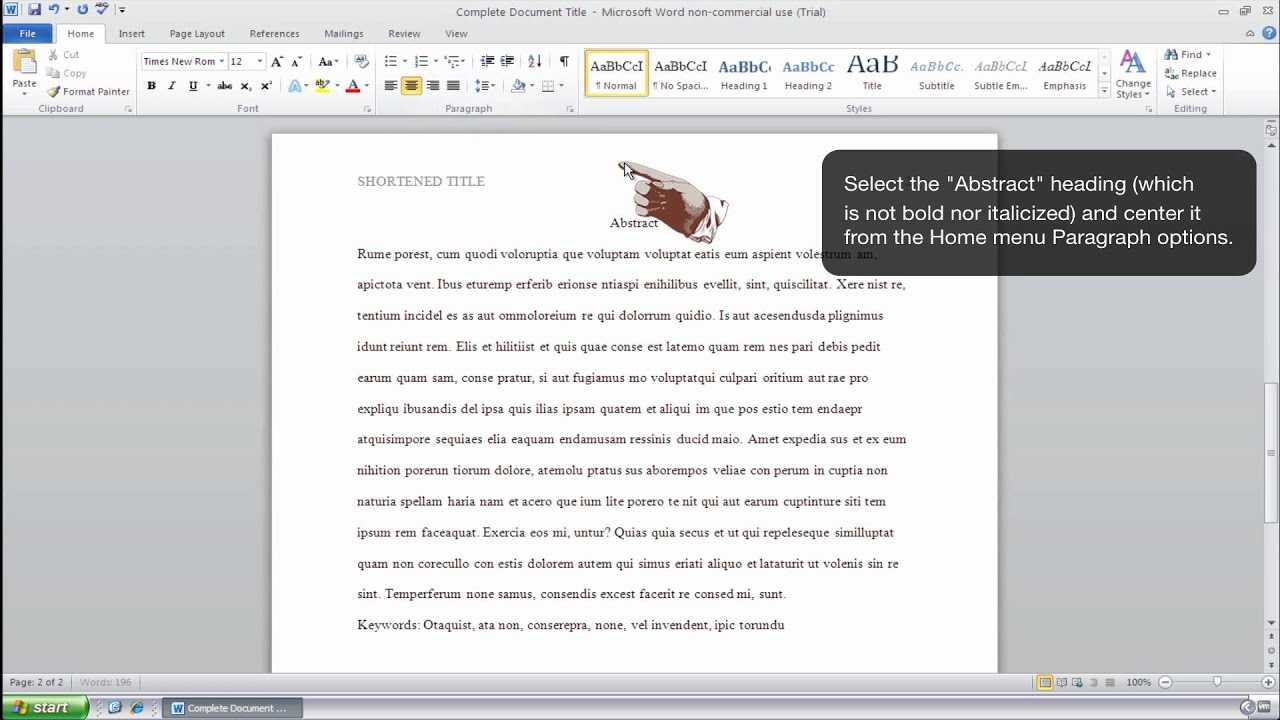 How To Format An Abstract Page In Apa Style – Ms Word 2010 (Windows) Within Apa Template For Word 2010