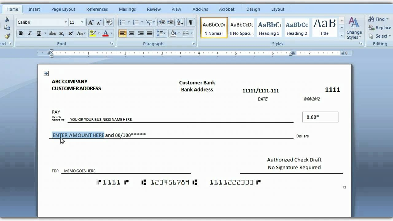 How To Print A Check Draft Template With Print Check Template Word