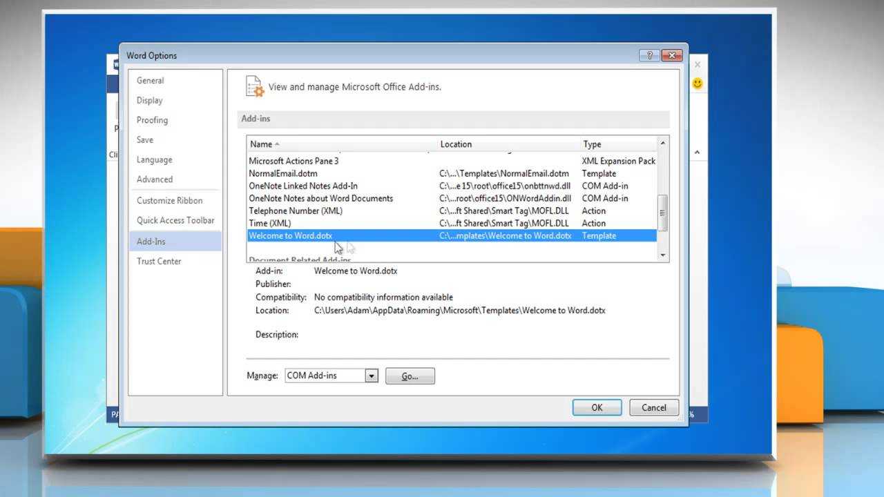 How To Turn Off Or Manage Installed Add Ins In Microsoft® Word 2013 For Word 2010 Templates And Add Ins