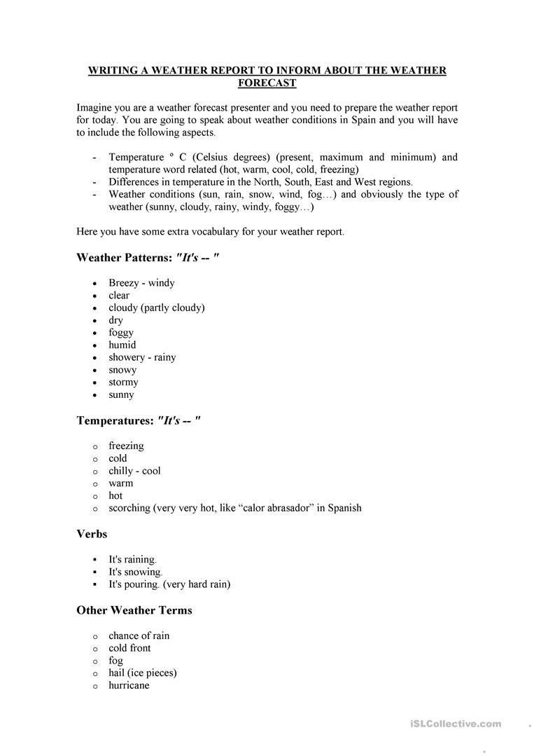 How To Write A Weather Report – English Esl Worksheets Within Kids Weather Report Template