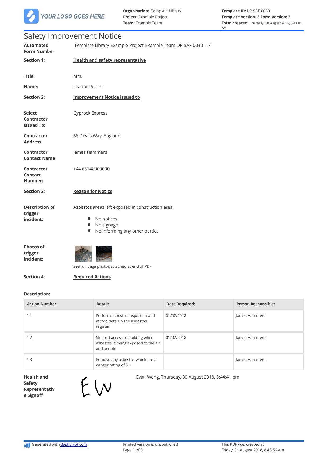 Hse Improvement Notice Example: Free To Use And Editable For Hse Report Template