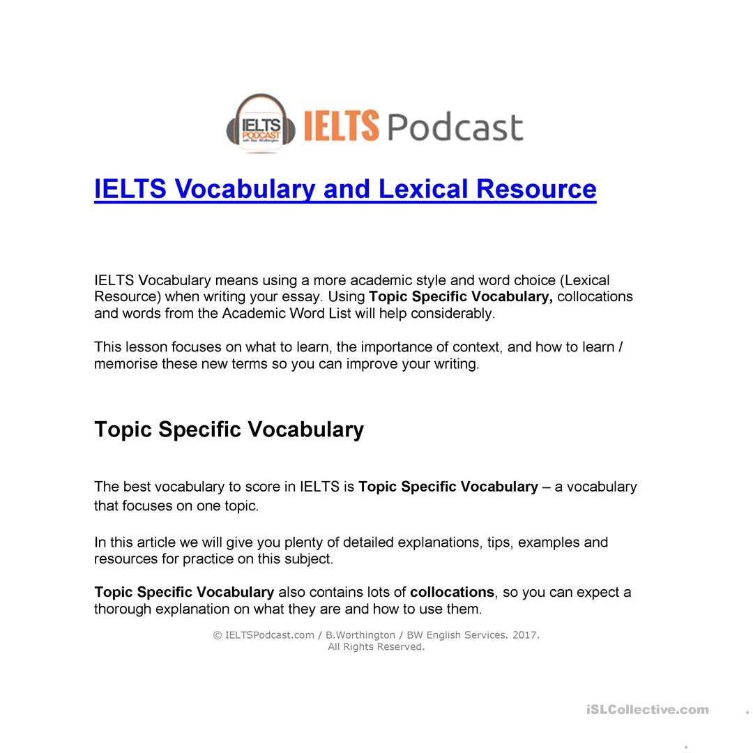 Ielts Vocabulary And Lexical Resource – English Esl Worksheets Intended For Vocabulary Words Worksheet Template