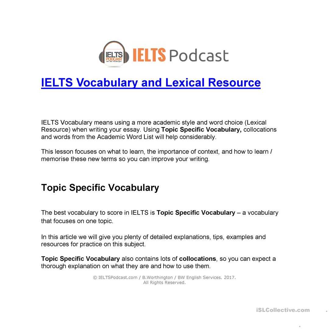 Ielts Vocabulary And Lexical Resource – English Esl Worksheets Intended For Vocabulary Words Worksheet Template