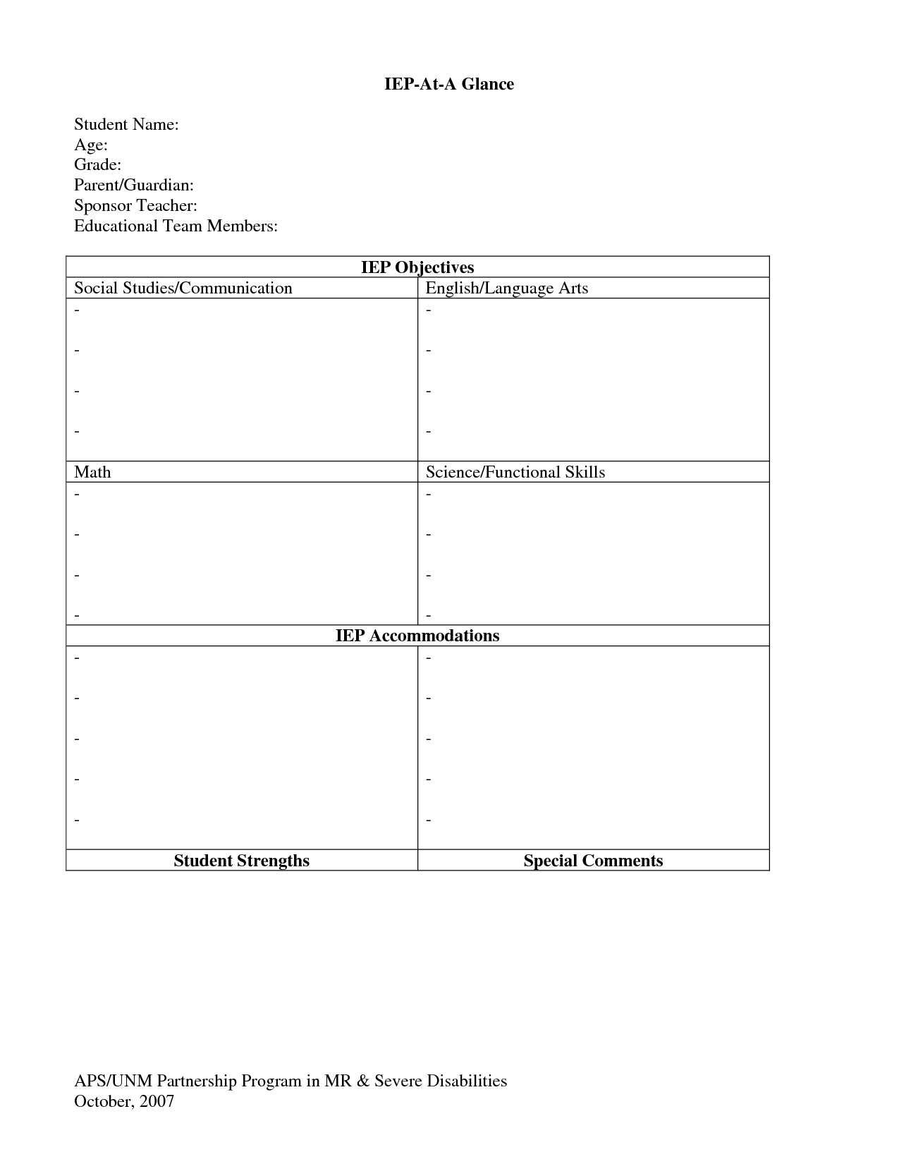 Iep At A Glance Template – | School | School Social Work Pertaining To Blank Iep Template
