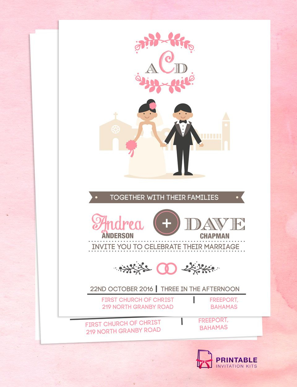 Illustrated Couple In Front Of Church Wedding Invitation Regarding Church Wedding Invitation Card Template