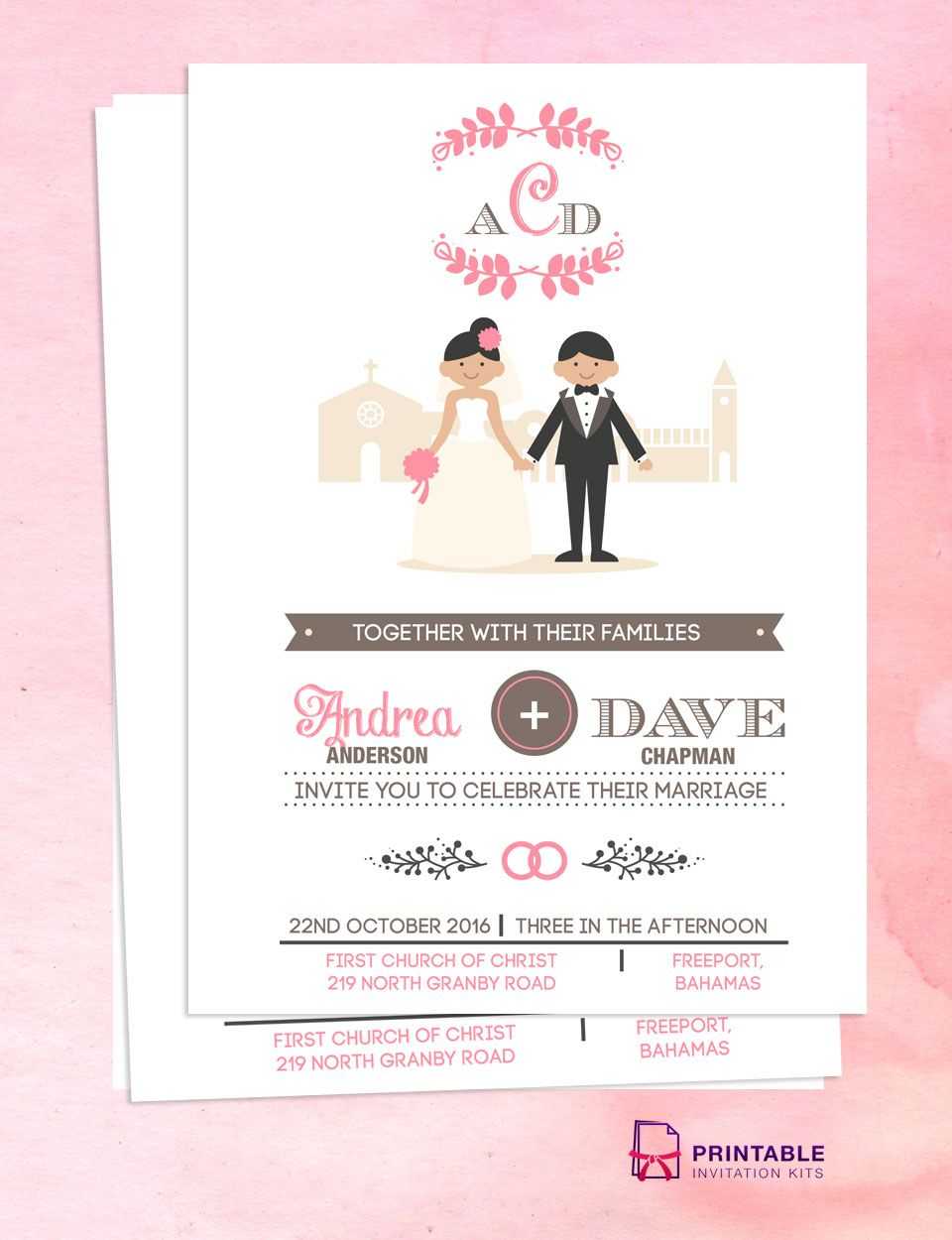Illustrated Couple In Front Of Church Wedding Invitation Within Church Invite Cards Template