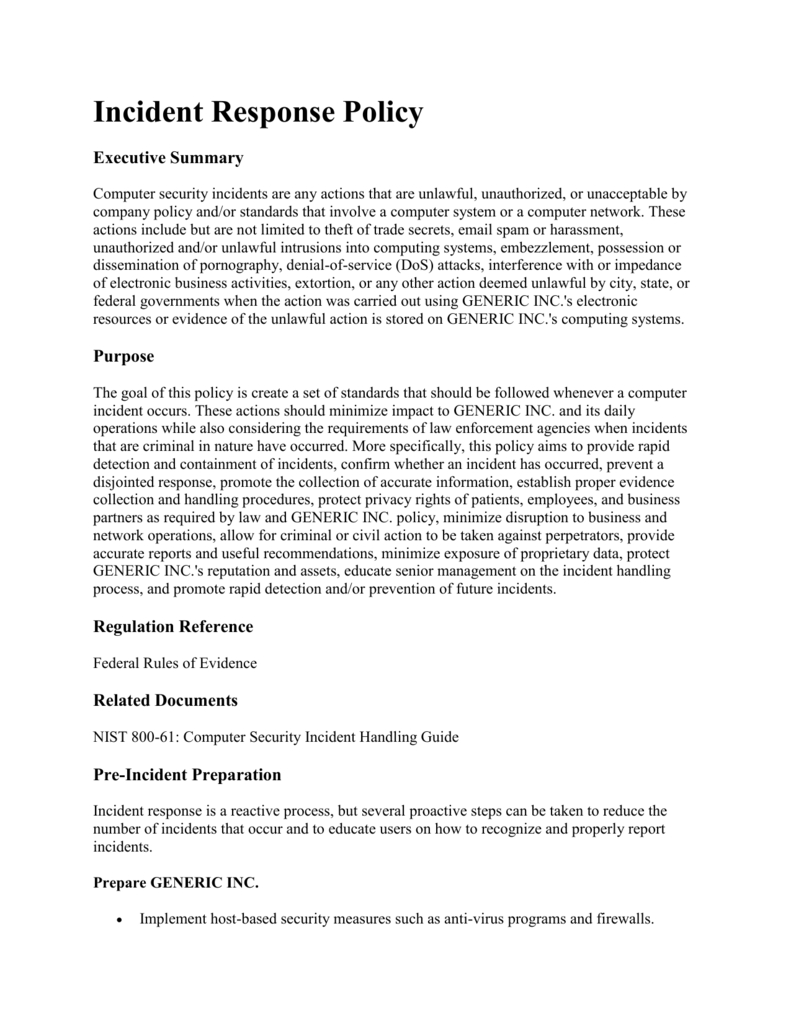 Incident Response Policy Executive Summary Computer Security Pertaining To Incident Summary Report Template