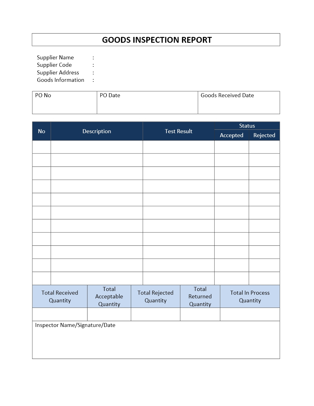 Incoming Goods Inspection Report Throughout Daily Inspection Within Daily Inspection Report Template