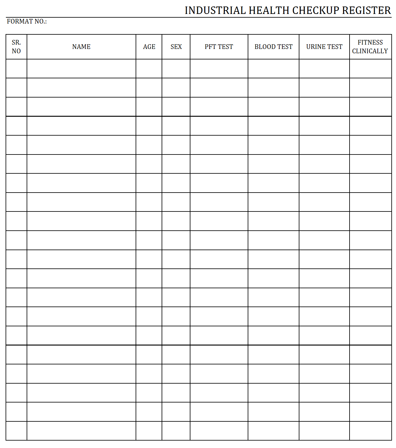 Industrial Health Checkup Register Format | Word | Pdf | Report With Health Check Report Template