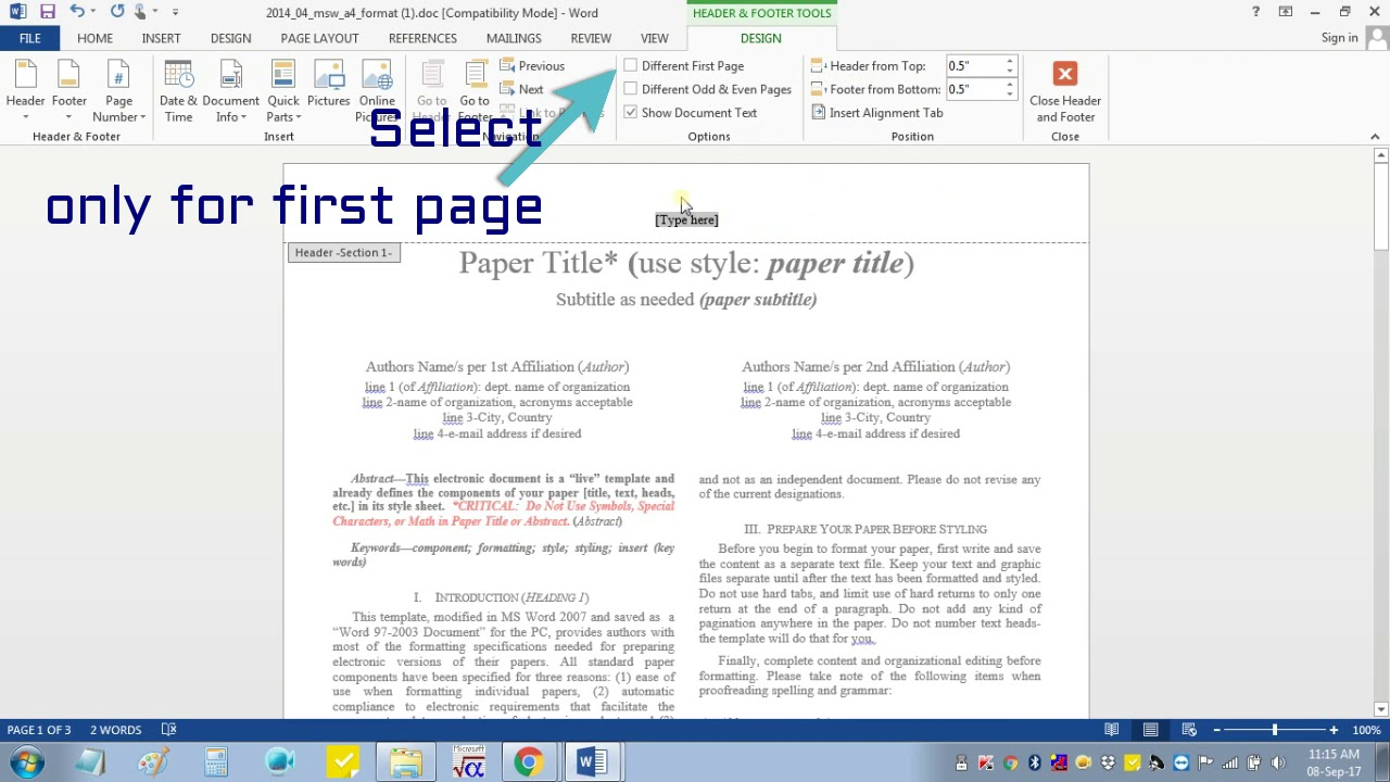 Insert Header Footer In Ms Word For Ieee Camera Ready Manuscript Pertaining To Ieee Template Word 2007